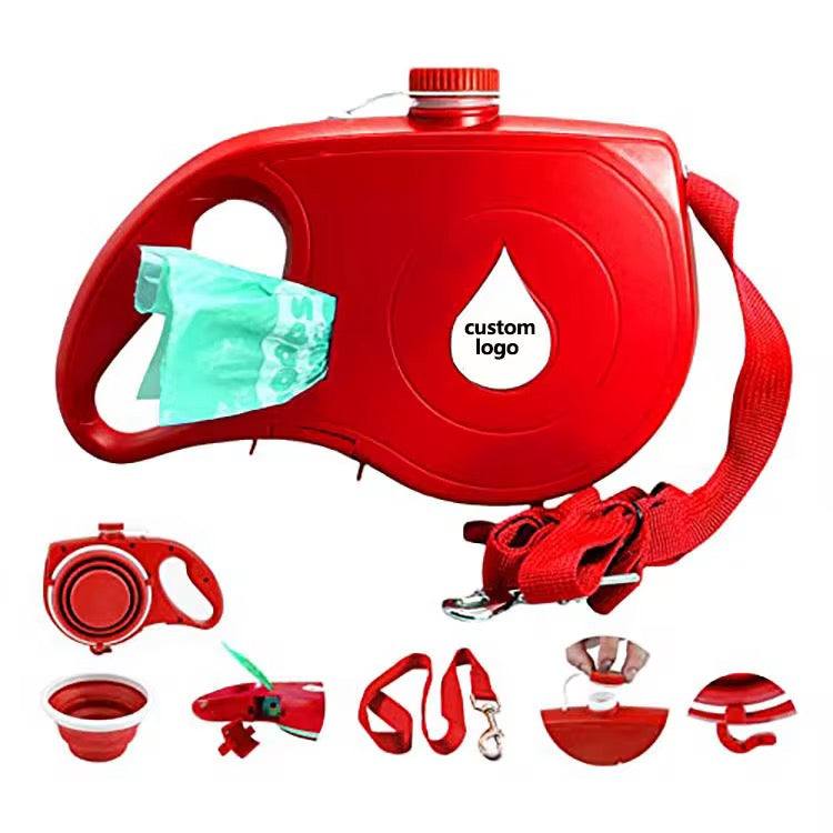 Поводок для собаки с бутылкой для воды, складной миской и диспенсером для пакетов
